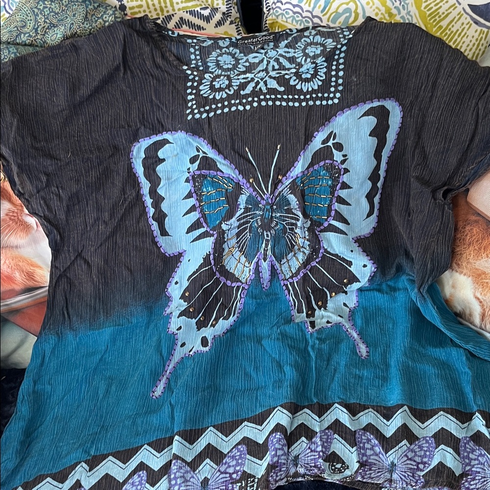Elegant Butterfly Print Tunic Top - Blue and Black